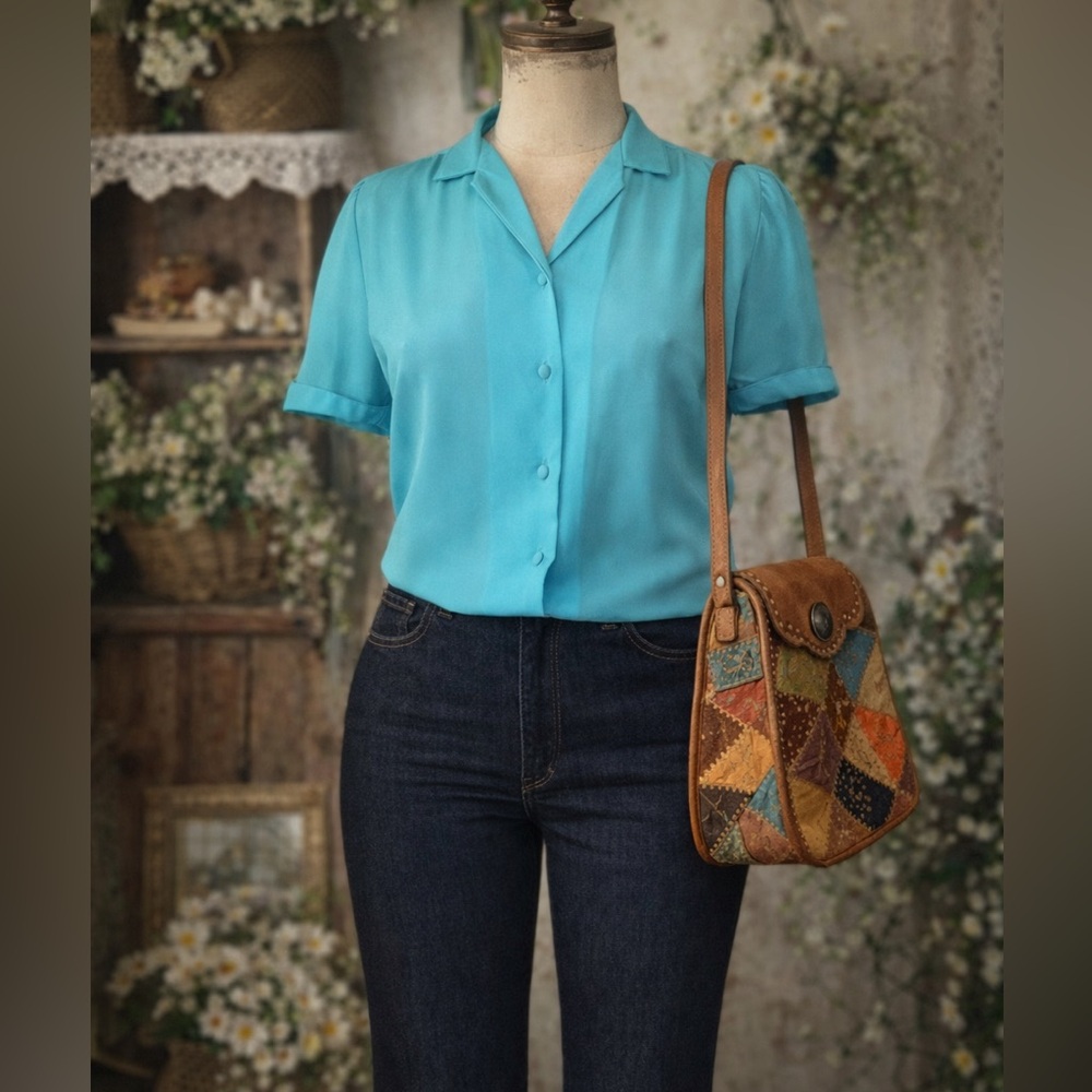 Vintage Late 1970s / Early 1980s “Mariposa” Bright Blue Short Sleeve Button Down